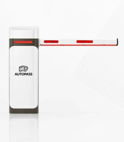 ตู้ไม้กั้นรถยนต์ ATP1008 สีขาว พร้อมแขนกั้นและไฟ LED พื้นหลังสีขาว