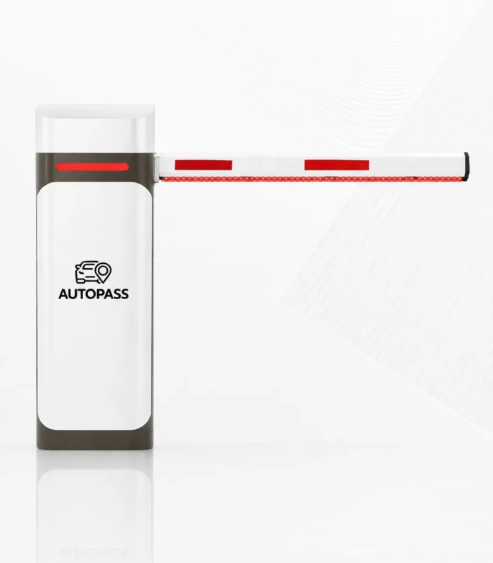ตู้ไม้กั้นรถยนต์ ATP1008 สีขาว พร้อมแขนกั้นและไฟ LED พื้นหลังสีขาว