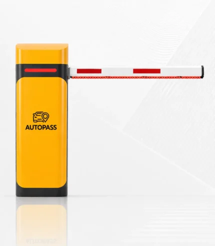 ตู้ไม้กั้นรถยนต์ ATP1008 สีเหลือง พร้อมแขนกั้นและไฟ LED พื้นหลังสีขาว