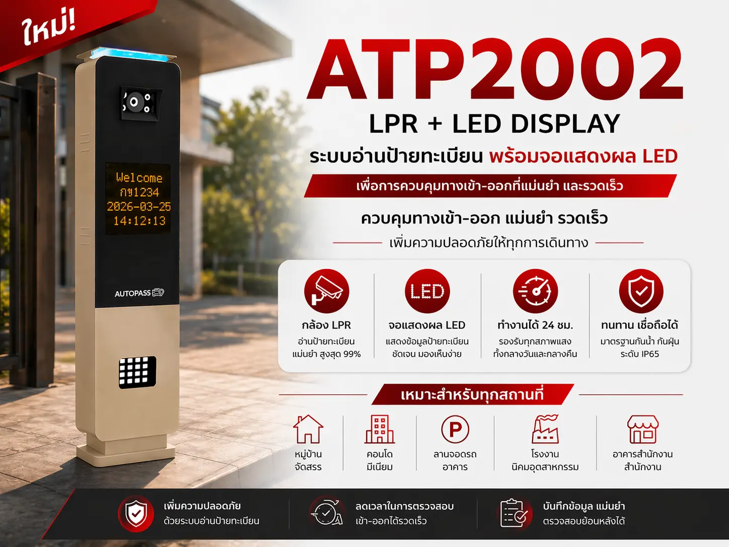 ตู้ระบบอ่านป้ายทะเบียนรถยนต์ ATP2002 พร้อมจอแสดงผล LED สำหรับควบคุมทางเข้าออกอัตโนมัติ